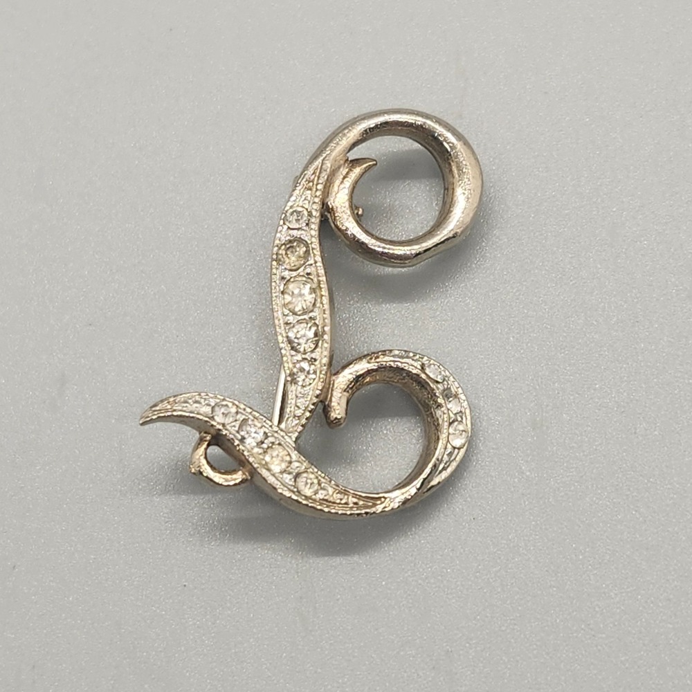 Vintage Cursive Letter L Brooch Rhinestone Light Silver Tone 1.5 Inch Initial
